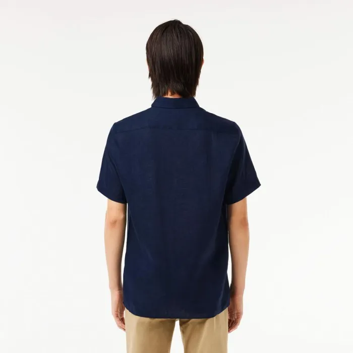 Button Down Shirts Men Lacoste Mens Short Sleeve Linen Shirt Navy Blue 166