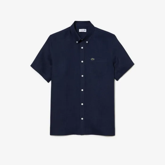 Button Down Shirts Men Lacoste Mens Short Sleeve Linen Shirt Navy Blue 166