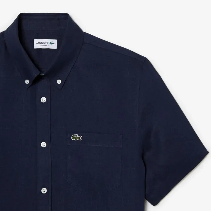 Button Down Shirts Men Lacoste Mens Short Sleeve Linen Shirt Navy Blue 166