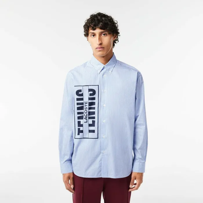 Button Down Shirts MenWomen Lacoste Unisex Contrast Branded Striped Shirt White Blue F6z