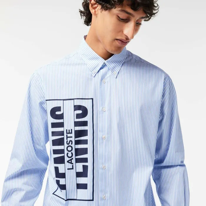 Button Down Shirts MenWomen Lacoste Unisex Contrast Branded Striped Shirt White Blue F6z