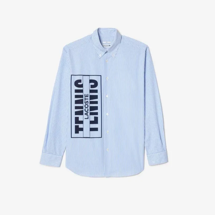 Button Down Shirts MenWomen Lacoste Unisex Contrast Branded Striped Shirt White Blue F6z
