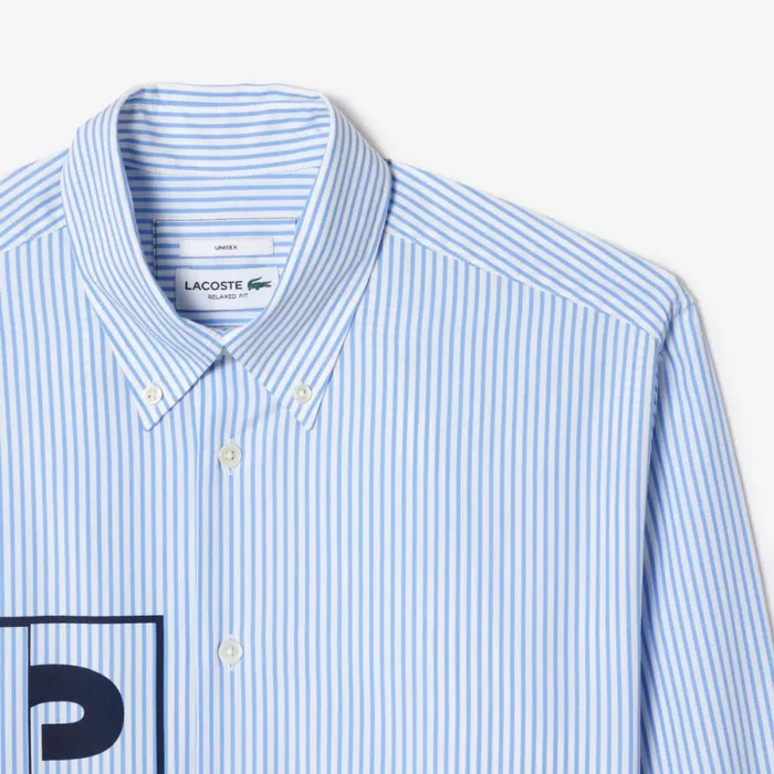 Button Down Shirts MenWomen Lacoste Unisex Contrast Branded Striped Shirt White Blue F6z