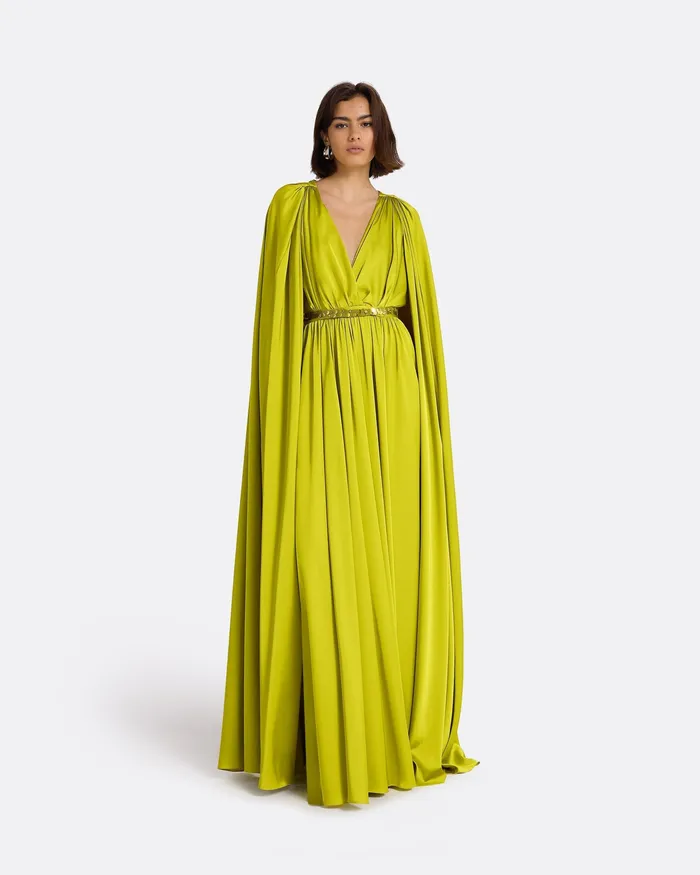 Capes and Harnesses Safiyaa Women Bianca Chartreuse Long Dress With Embroidered Belt Chartreuse