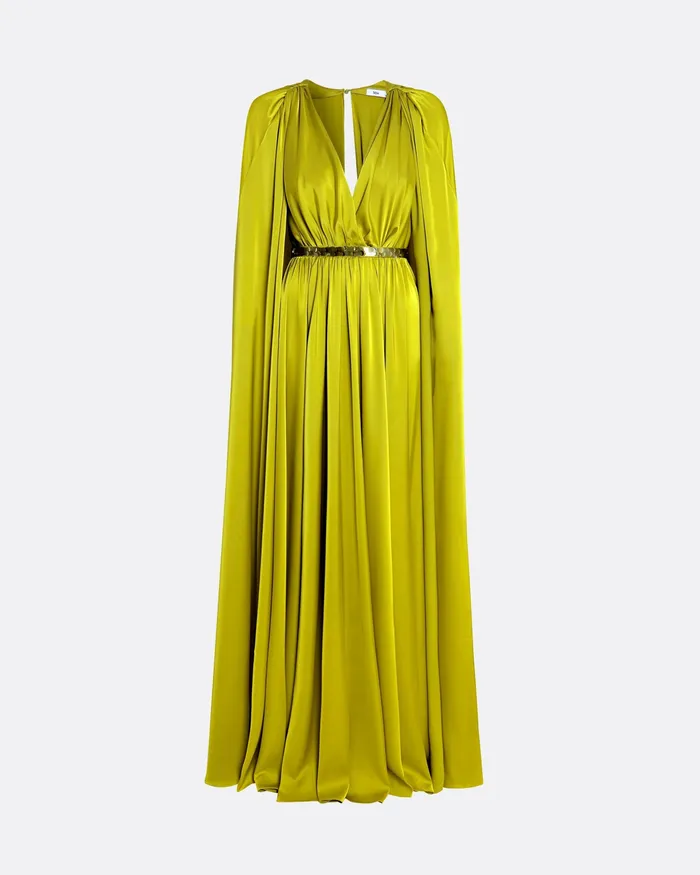 Capes and Harnesses Safiyaa Women Bianca Chartreuse Long Dress With Embroidered Belt Chartreuse
