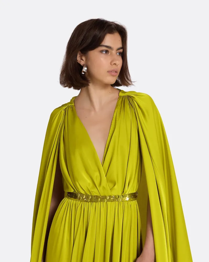 Capes and Harnesses Safiyaa Women Bianca Chartreuse Long Dress With Embroidered Belt Chartreuse