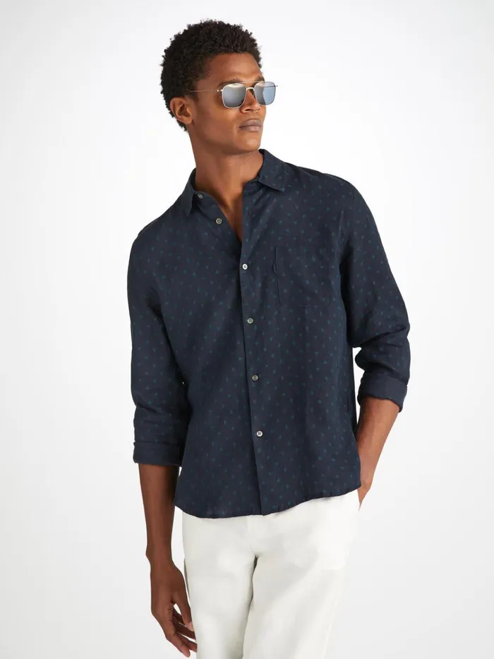 Casual Shirts Men Derek Rose Shirt Milan 25 Linen Navy