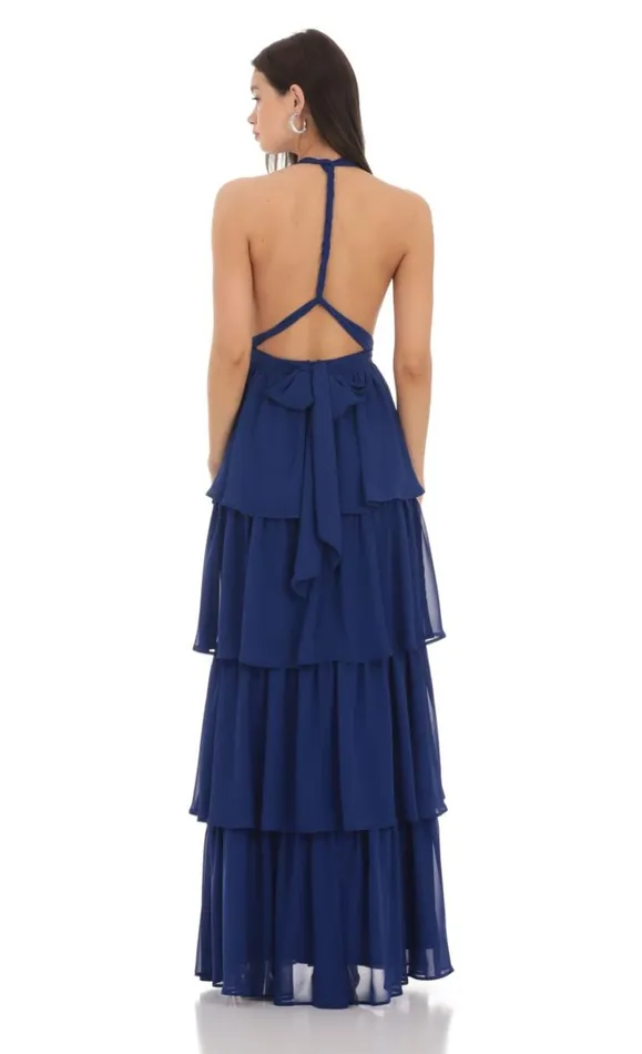 Chiffon Plunge Ruffle Dress Blue Women LUCY IN THE SKY Maxi Dresses