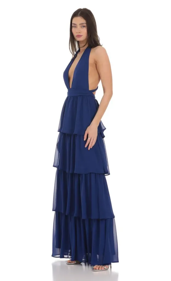 Chiffon Plunge Ruffle Dress Blue Women LUCY IN THE SKY Maxi Dresses