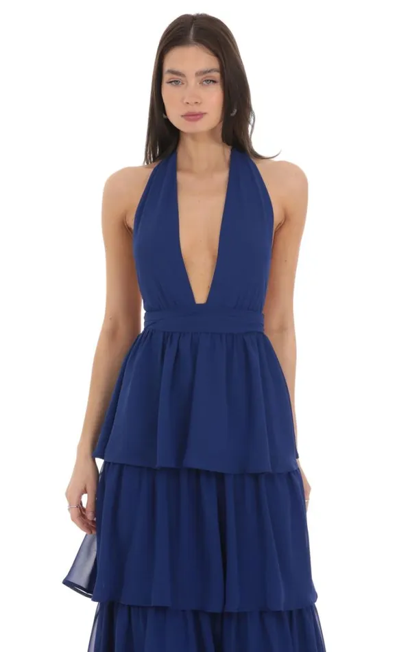 Chiffon Plunge Ruffle Dress Blue Women LUCY IN THE SKY Maxi Dresses