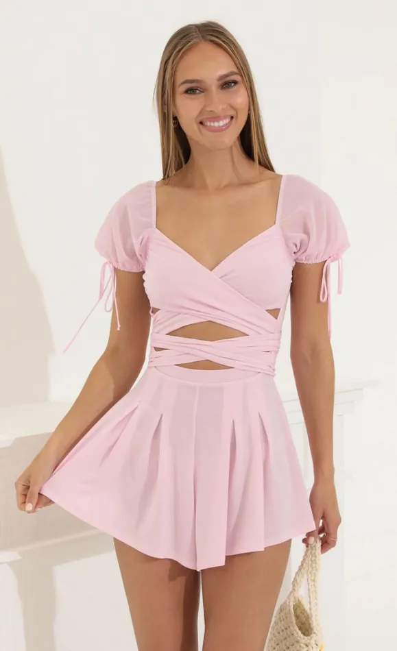 Chiffon Puff Sleeve Romper Pink Women LUCY IN THE SKY Rompers Chiffon Puff Sleeve Romper Pink Women LUCY IN THE SKY Rompers