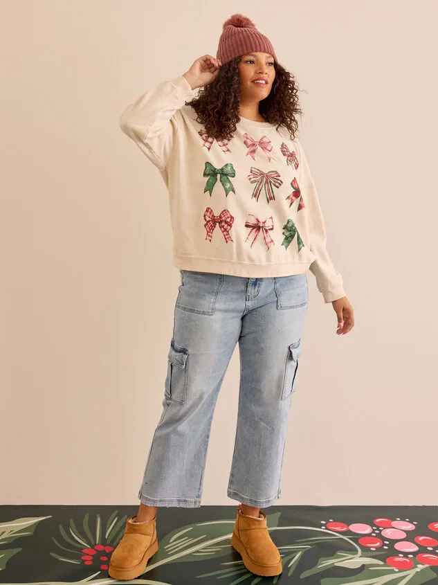 Christmas Bow Graphic Sweatshirt Ivory Women Altar039d State Tops