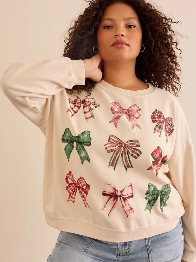 Christmas Bow Graphic Sweatshirt Ivory Women Altar039d State Tops