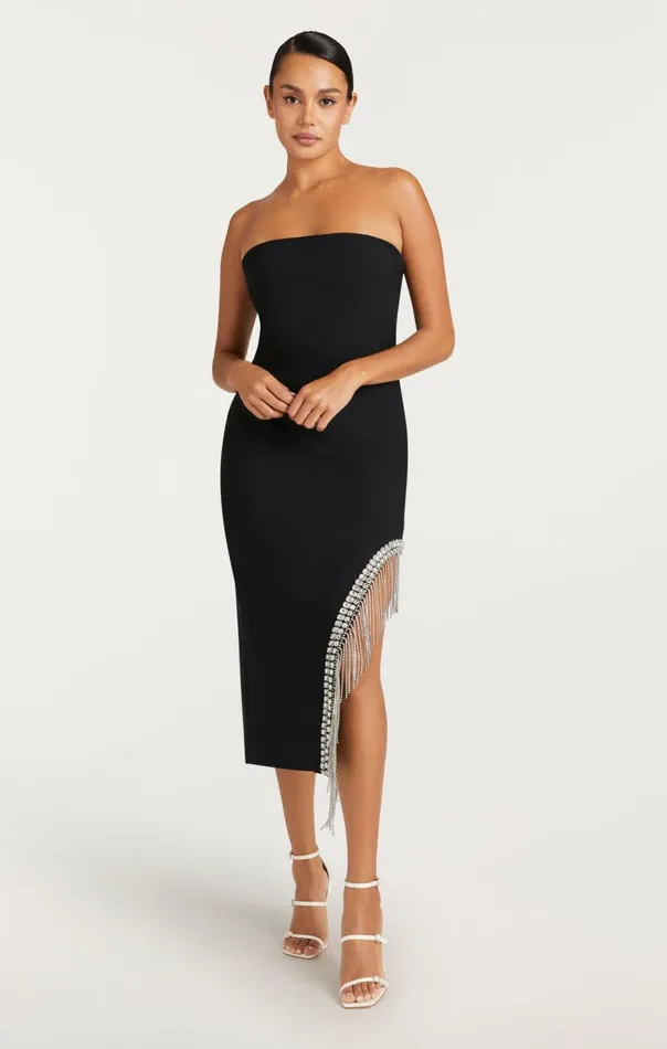 Cinq Sept Rhinestone Fringe Sammy Dress Black Women Cocktail and Evening