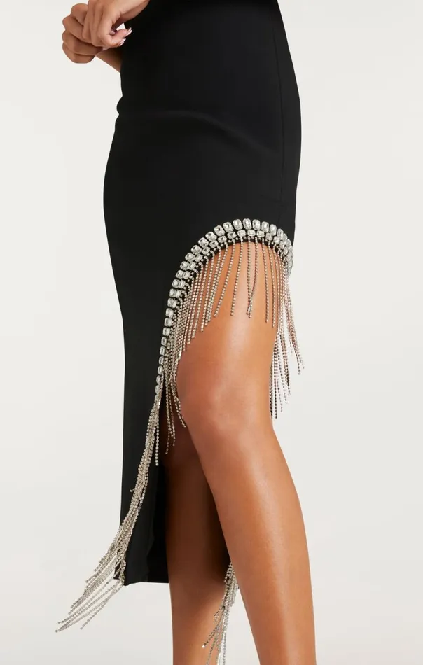 Cinq Sept Rhinestone Fringe Sammy Dress Black Women Cocktail and Evening