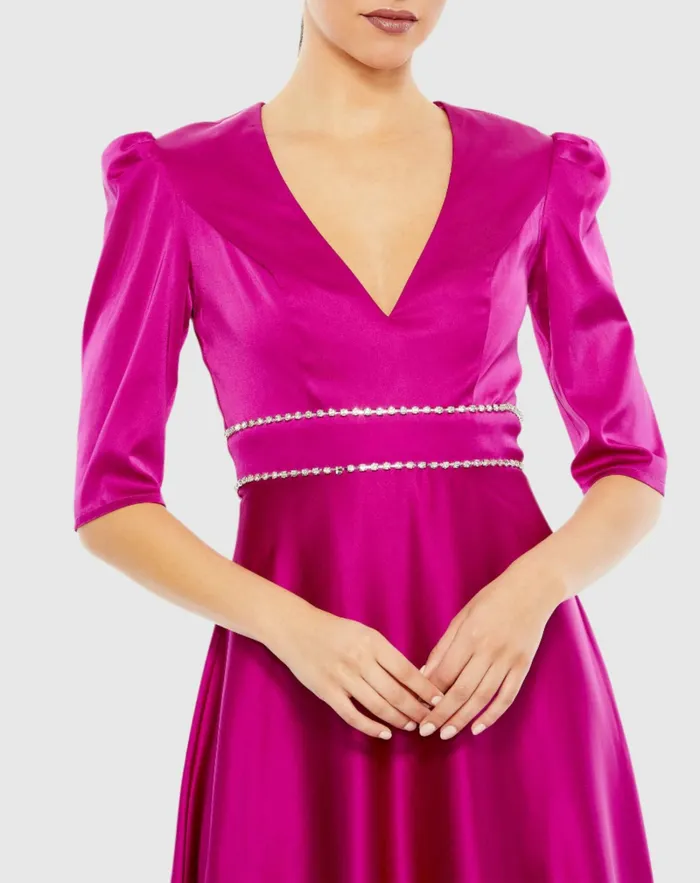 Cocktail Dresses Mac Duggal Women Satin Rhinestone Encrusted Puff Shoulder Dress Fuchsia