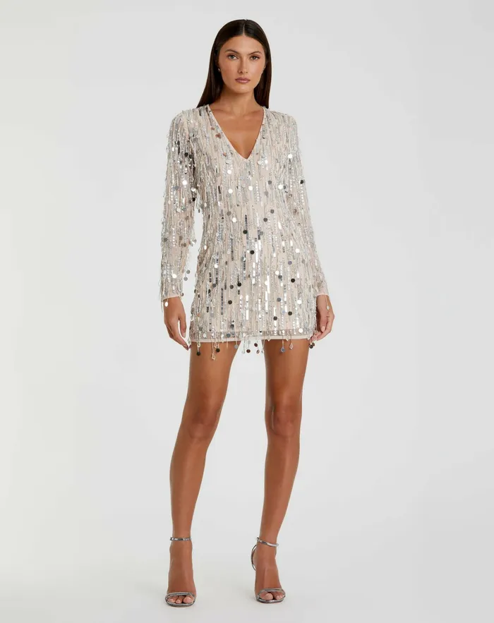 Cocktail Dresses Silver Long Sleeve Beaded Fringe Plunge Neck Dress Nude Silver Mac Duggal Women Cocktail Dresses Silver Long Sleeve Beaded Fringe Plunge Neck Dress Nude Silver Mac Duggal Women