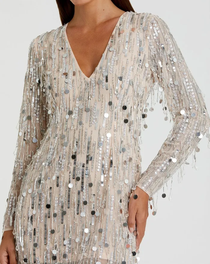 Cocktail Dresses Silver Long Sleeve Beaded Fringe Plunge Neck Dress Nude Silver Mac Duggal Women