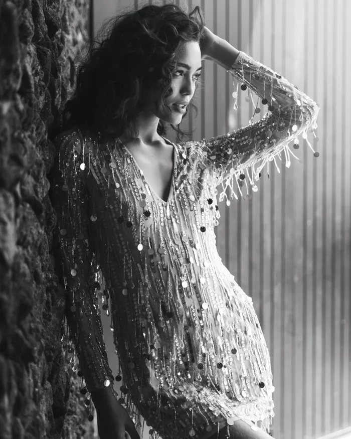 Cocktail Dresses Silver Long Sleeve Beaded Fringe Plunge Neck Dress Nude Silver Mac Duggal Women
