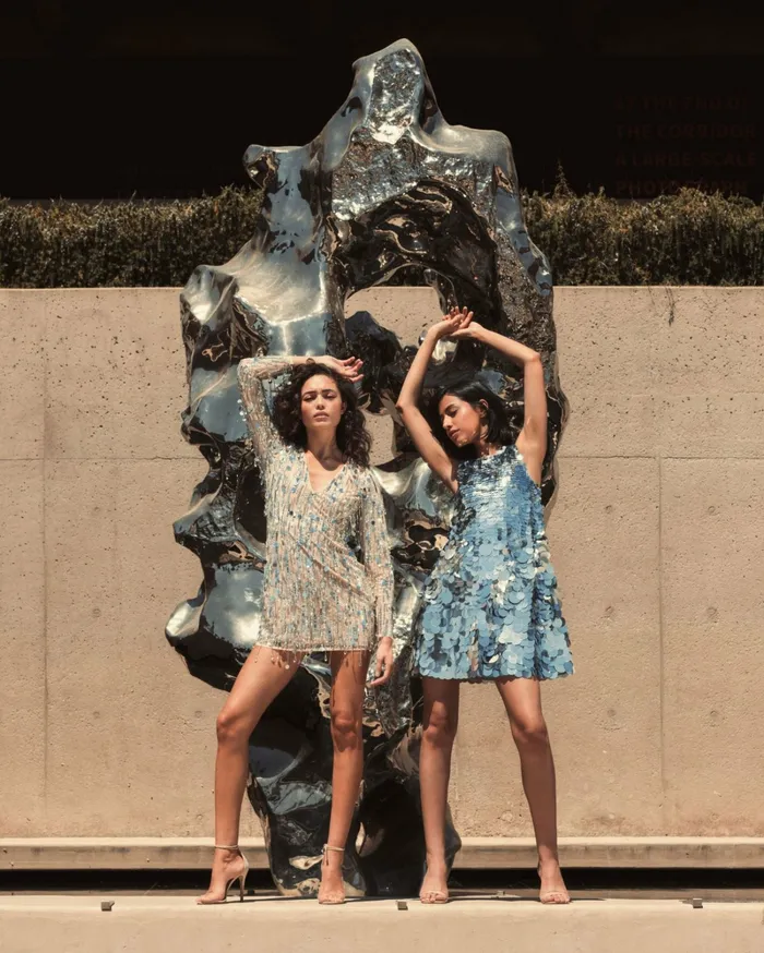 Cocktail Dresses Silver Long Sleeve Beaded Fringe Plunge Neck Dress Nude Silver Mac Duggal Women