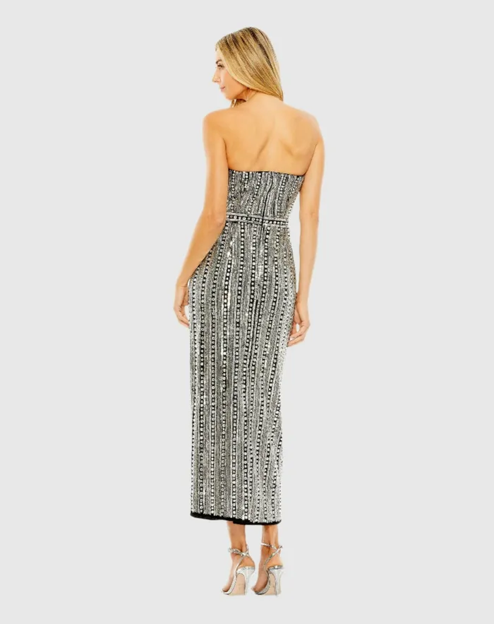 Cocktail Dresses Women Black and Silver Embellished Strapless Column Dress Black Mac Duggal