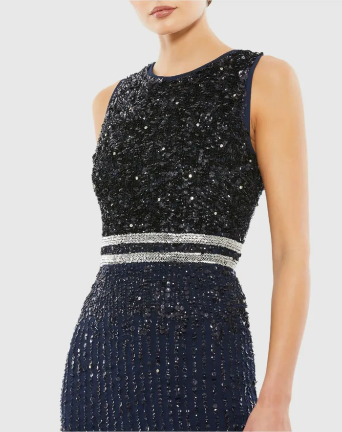 Cocktail Dresses Women Navy Sleeveless High Neck Beaded Midi Sheath Dress Navy Mac Duggal