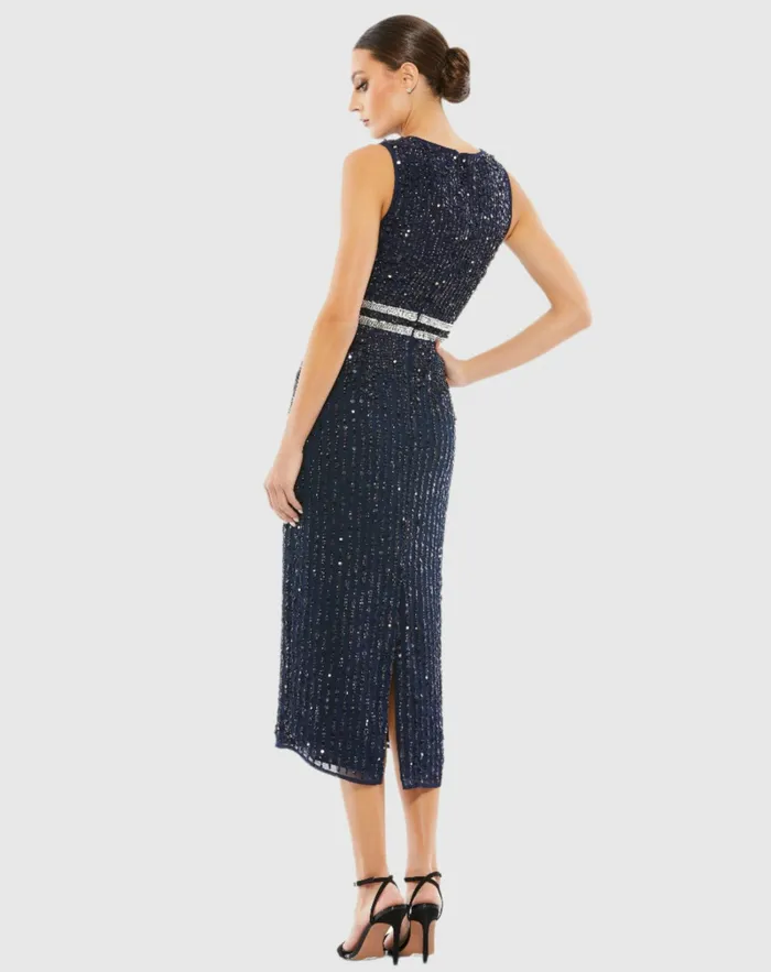Cocktail Dresses Women Navy Sleeveless High Neck Beaded Midi Sheath Dress Navy Mac Duggal