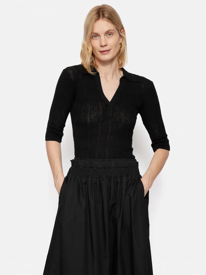 Collar Knitted Top Black Women Jigsaw Shirts and Tops