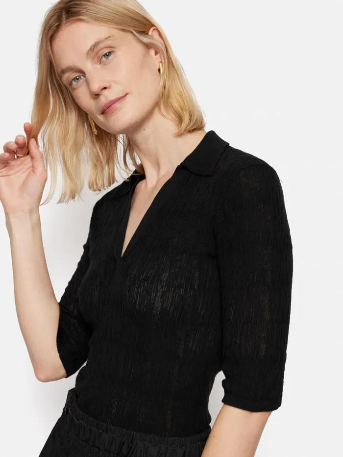 Collar Knitted Top Black Women Jigsaw Shirts and Tops
