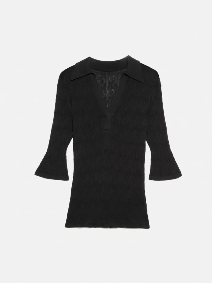 Collar Knitted Top Black Women Jigsaw Shirts and Tops
