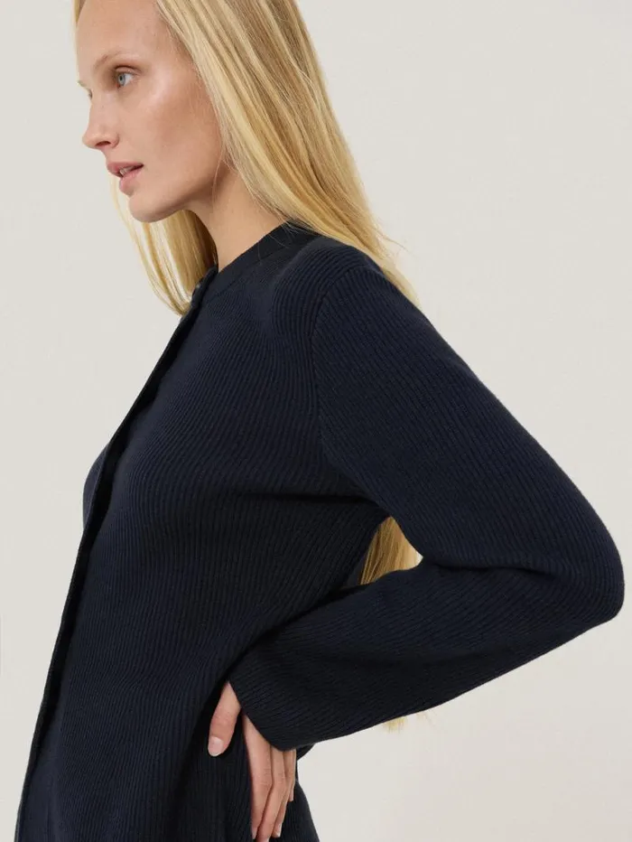 Cotton Blend Knit Cardigan Navy Women Jigsaw Shirts and Tops