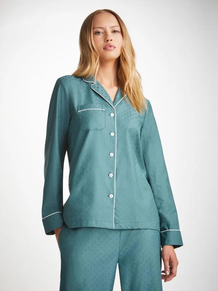 Cotton Pajamas Women Derek Rose Pajamas Kate 9 Cotton Jacquard Teal