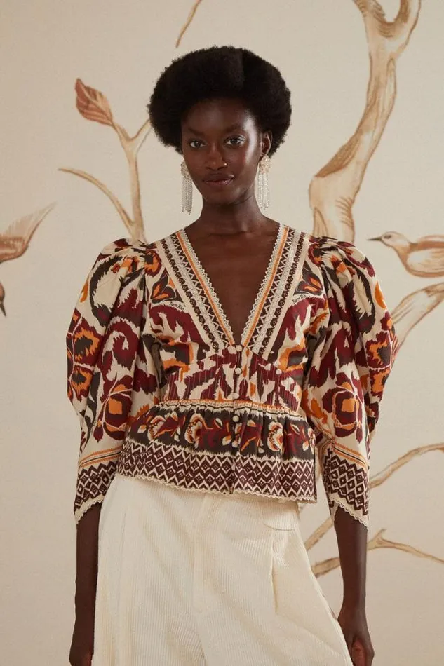 Cream Toucans Scarf Puff Sleeve Blouse Women FARM Rio Blouses