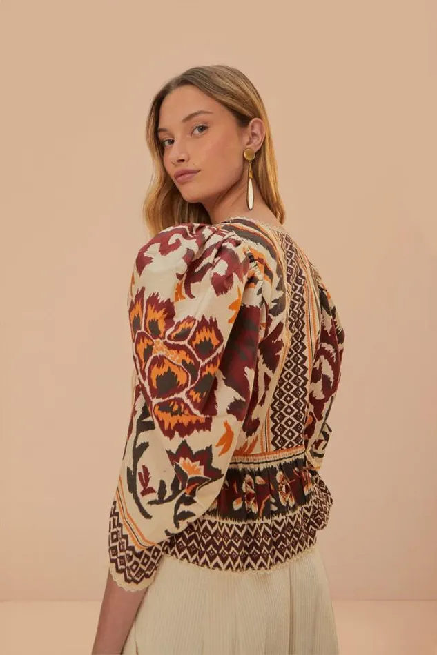 Cream Toucans Scarf Puff Sleeve Blouse Women FARM Rio Blouses