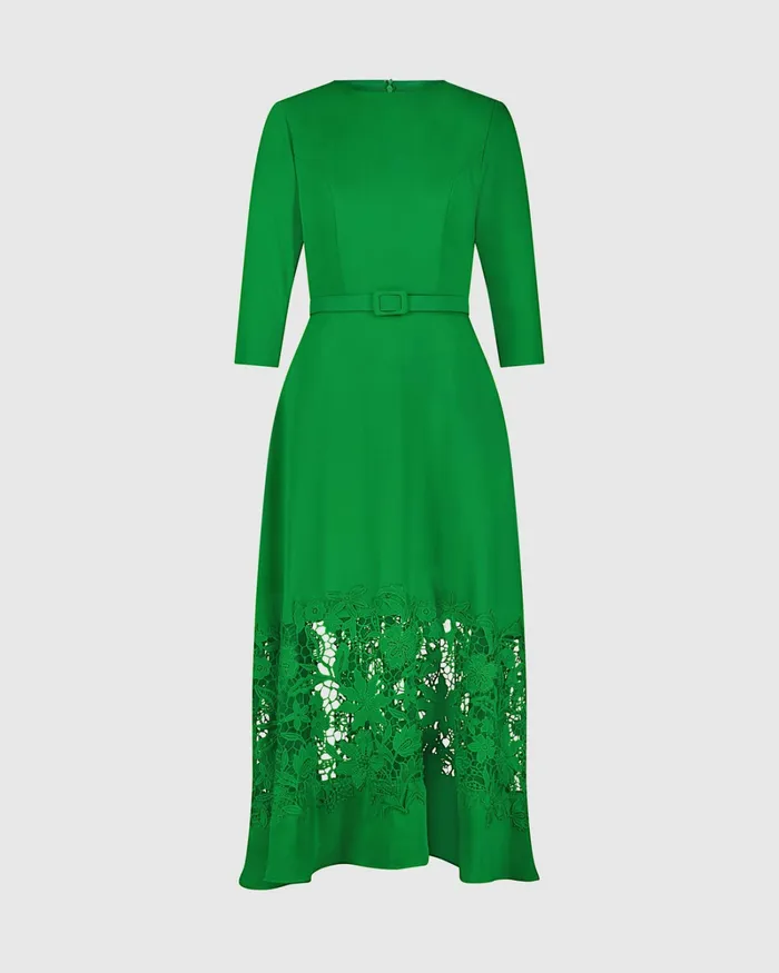 Daytime Dresses Crepe Boat Neck Midi Dress With Applique Cut Out Spring Green Mac Duggal Women