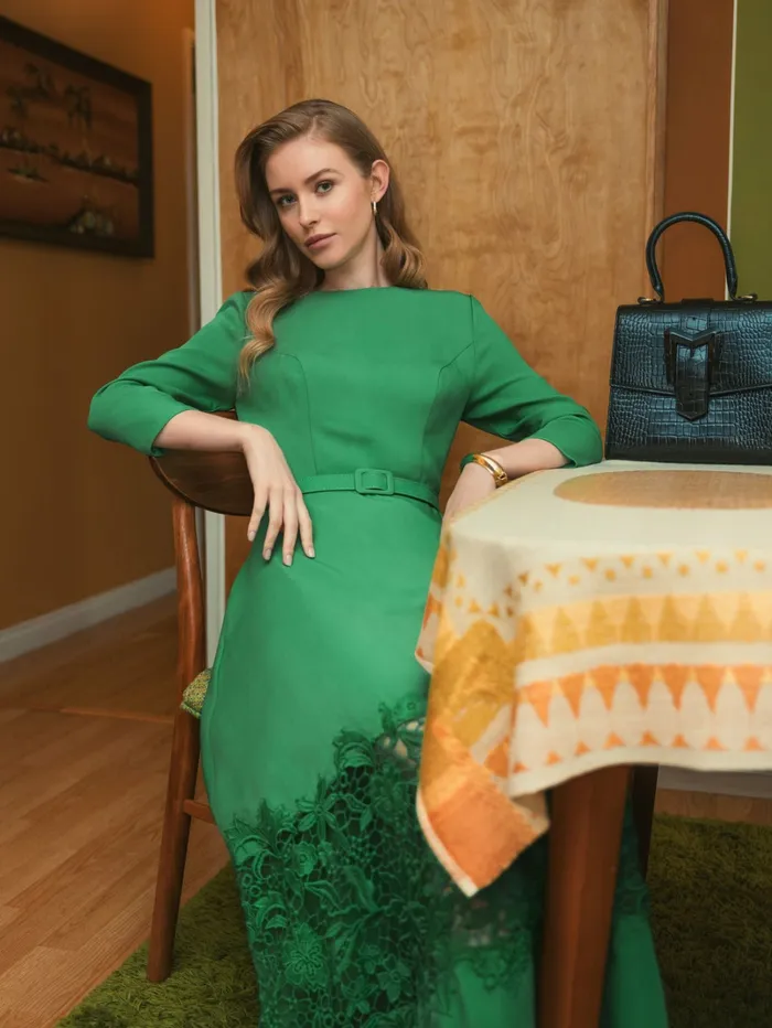 Daytime Dresses Crepe Boat Neck Midi Dress With Applique Cut Out Spring Green Mac Duggal Women