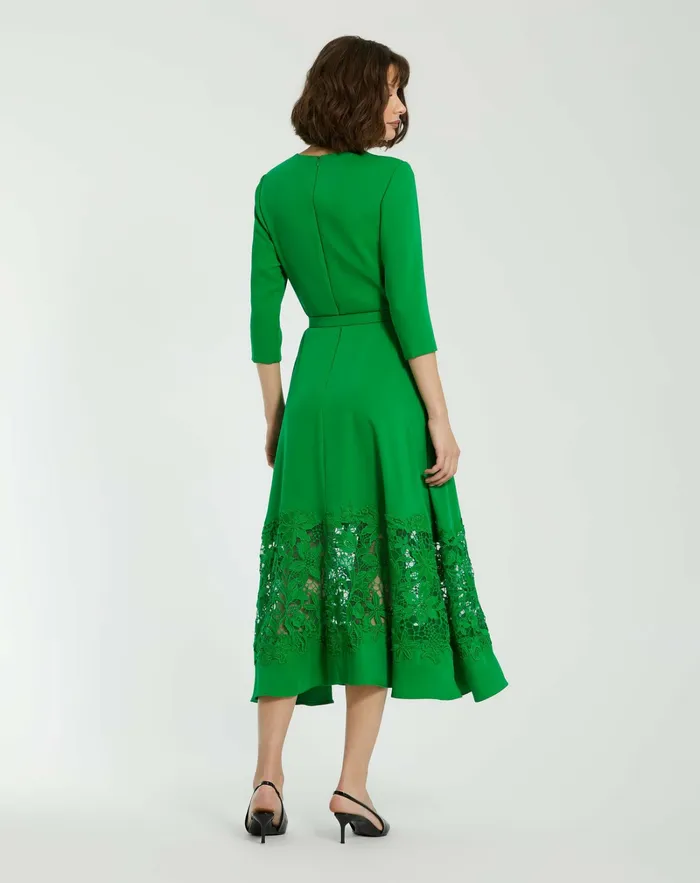 Daytime Dresses Crepe Boat Neck Midi Dress With Applique Cut Out Spring Green Mac Duggal Women