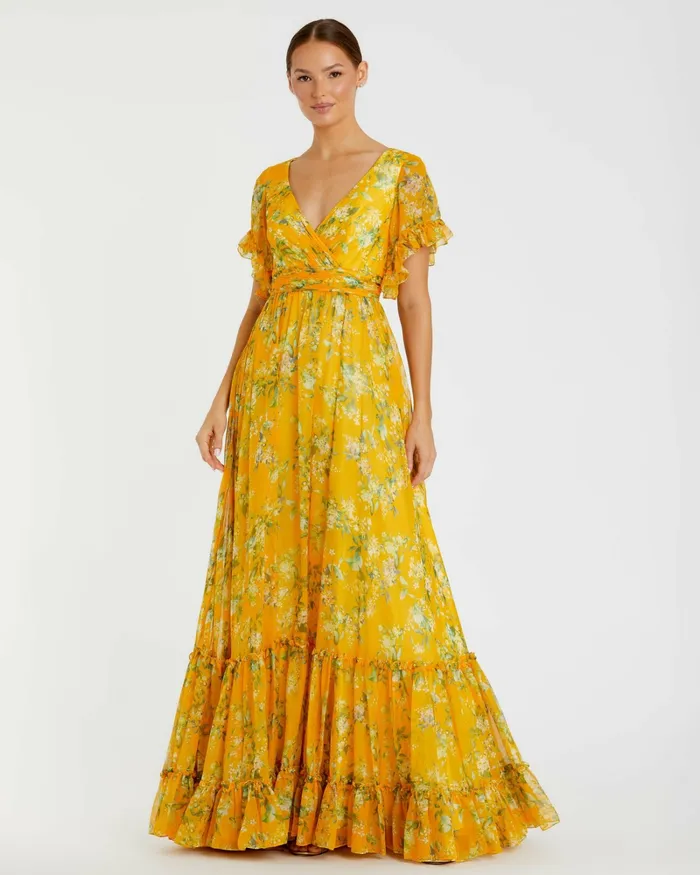 Daytime Dresses Women Flounce Sleeve Floral Maxi Dress Yellow Multi Mac Duggal