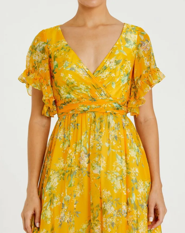 Daytime Dresses Women Flounce Sleeve Floral Maxi Dress Yellow Multi Mac Duggal