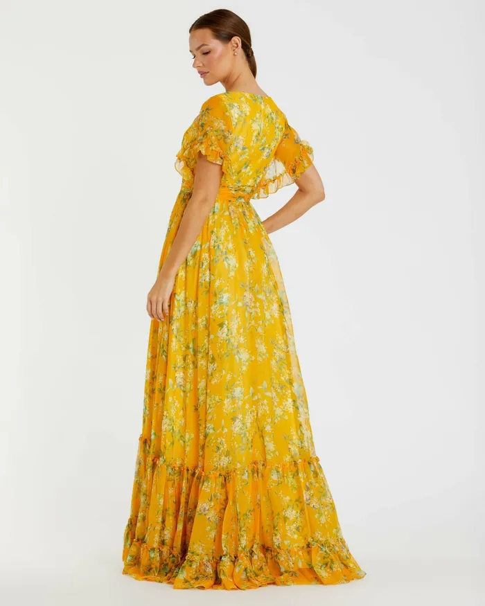 Daytime Dresses Women Flounce Sleeve Floral Maxi Dress Yellow Multi Mac Duggal