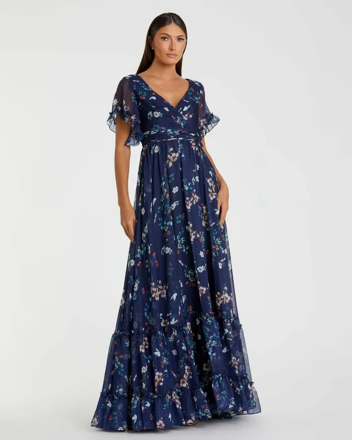 Daytime Dresses Women Flounce Sleeve Floral Maxi Dress Yellow Multi Mac Duggal