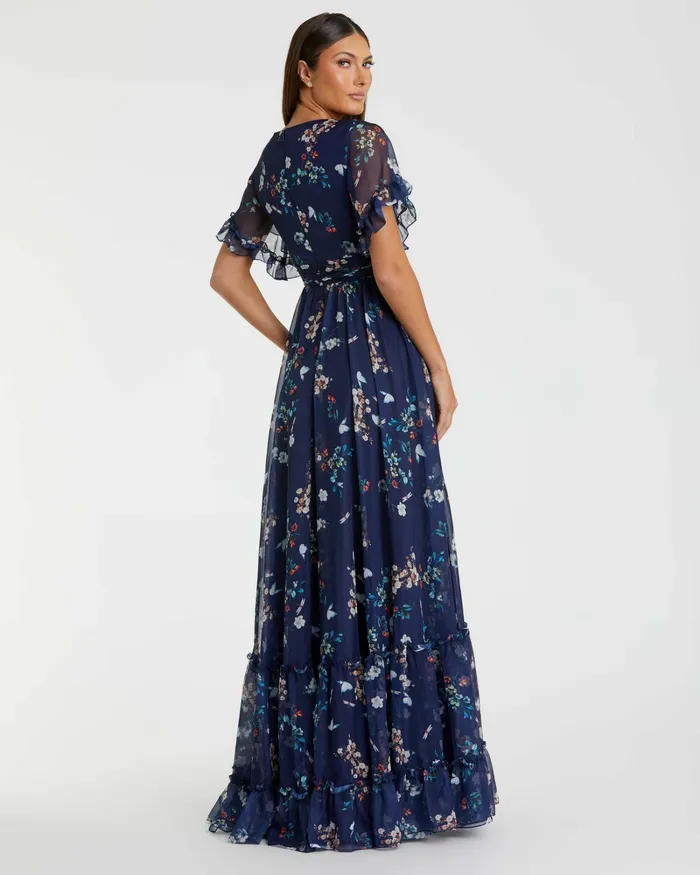 Daytime Dresses Women Flounce Sleeve Floral Maxi Dress Yellow Multi Mac Duggal