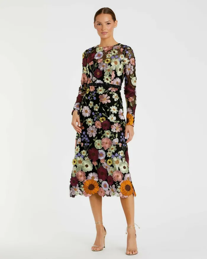 Daytime Dresses Women High Neck Floral Embroidered ALine Dress Black Multi Mac Duggal