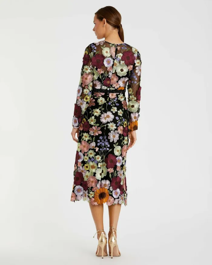 Daytime Dresses Women High Neck Floral Embroidered ALine Dress Black Multi Mac Duggal