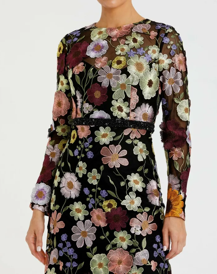 Daytime Dresses Women High Neck Floral Embroidered ALine Dress Black Multi Mac Duggal