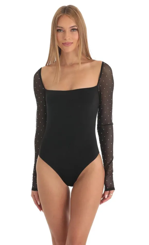 Diamond Glitter Square Neck Bodysuit Black Women LUCY IN THE SKY Bodysuits