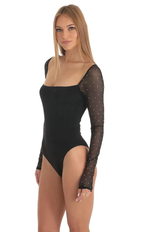 Diamond Glitter Square Neck Bodysuit Black Women LUCY IN THE SKY Bodysuits Diamond Glitter Square Neck Bodysuit Black Women LUCY IN THE SKY Bodysuits