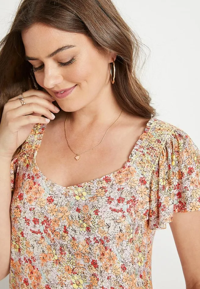 Ditsy Floral Smocked Flutter Sleeve Blouse Women Maurices Tops