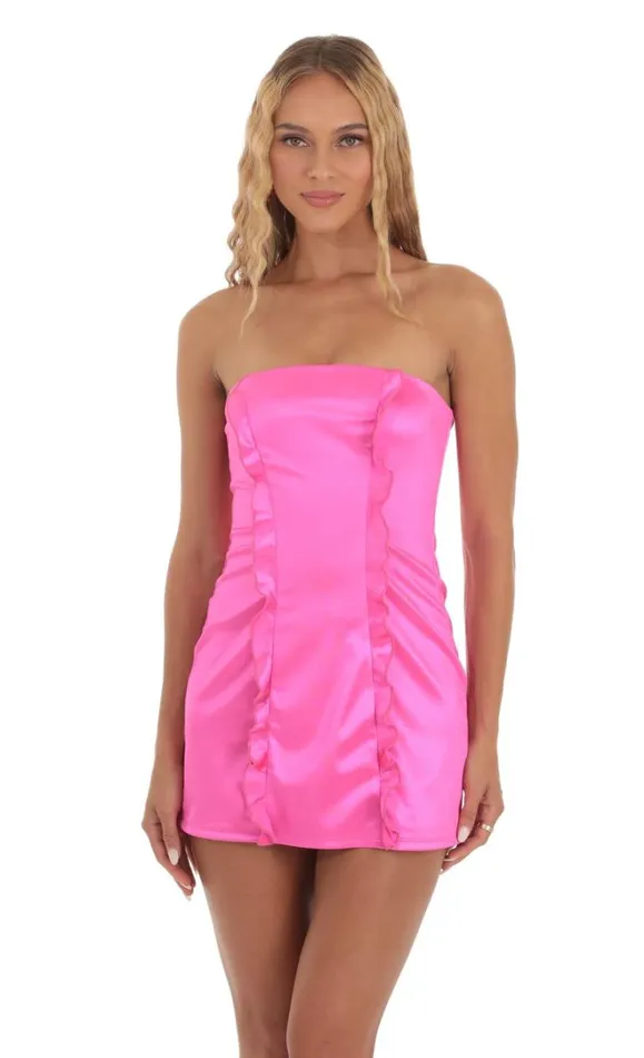 Double Ruffle Strapless Dress Hot Pink Women LUCY IN THE SKY Mini Dresses