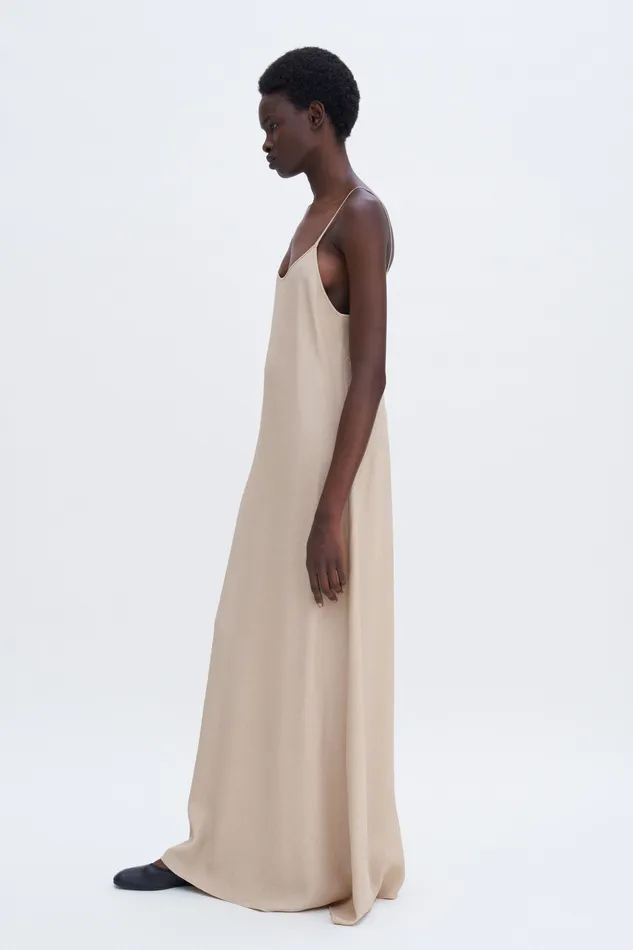 Draped Twill Strap Dress Caramel Beige Women Dresses filippak